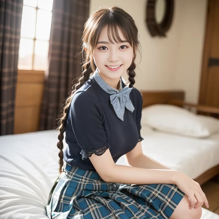 (highest quality、masterpiece:1.2)、highest quality、realistic、photograph、High resolution、1080p、8K、Pale, rough skin、large tits, The face is especially pale., physical rendering、((Height: 155cm)), one Japanese girl、A Japanese middle school student-like siren sitting on a luxurious pink bed、cute japanese girl, 14 years old, , (((big very detailed beautiful dark brown eyes))), ((blue girly large wine-red glossy polyester Japanese school ribbon bow tie)), ((((very beautiful black long braids hair)))), ((((deep blue colored tartan checkered formal long pleated pleated skirt)))), ((Shiny beige blouse)), (((Looking at the viewers with loving eyes, smiling))), ((((Very happy)))), mouth is open, The big skirt is very cute, detailed fingers, Slender body, ((curled bangs)), so beautiful, long eyelashes, ((Very big and very very very cute eyes of a Japanese girl)), ((large pupils)), double eyelids, The entire skirt is photographed, Very cute face, thin eyebrows, ((drooping eyes)), ((long eyelashes)), ((cute lovely laughing cheeks)), ((The pure white light hits her face from the front, making her skin and eyes shine beautifully.)), (((((Very neat, very neat, very neat and intelligent face))))), shot from the side, ((idol face)), ((The sun is shining on my cheeks))