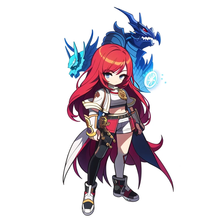 (((Best Quality))) , ((full body)), An adult female, reference sheet, solo, (white background), high fantasy outfits, midriff, knights of zodiac girl, red hair,