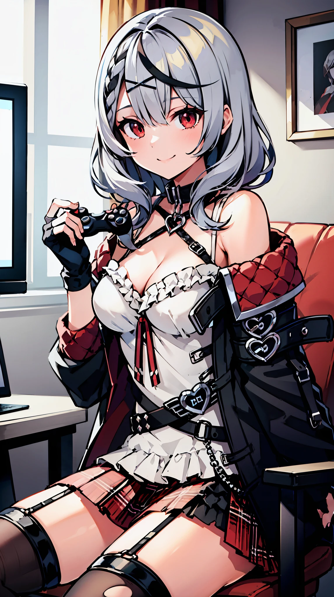 ((masterpiece, best quality, highres)), depth of field, 
BREAK, 1girl, playing tv games, sitting in a gaming chair, ((holding game controller)), smile,
BREAK, (indoors), gaming chair, pc display,   
BREAK, (sakamata chloe, garter straps, fingerless gloves, torn thighhighs, grey hair, multicolored hair, plaid skirt, cleavage, x hair ornament, red skirt, black collar, white camisole, breasts, braid, black belt, medium hair, black jacket), ((red eyes)), ((Beautiful detailed eyes))