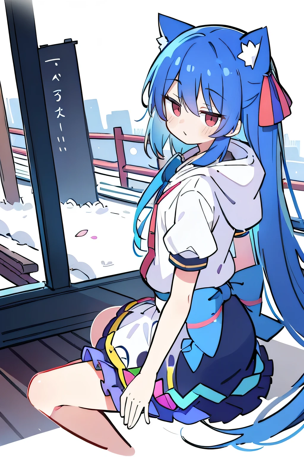 (masterpiece:1.2),Super detailed,lifelike,Expressive eyes,fair skin,perfect face shape,1 girl,
Japanese comics,Gorgeous blue hair,flowing blue hair,flowing clothes,Cat ears,Petals fall,beautiful lola,Baby Angel,
Shaking head with one hand,Cross your legs,Gentle and peaceful background,The pavilion is cool and comfortable,smile, wearing hoodie, background of tokyo,back views,snowing, winter.