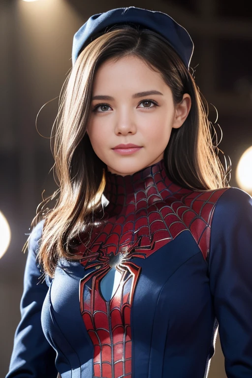 Katie Holmes, 25 ans, delicate, poudre de contour, sexy, spiderman cosplay, intricate details, French touch, cheveux de longueur moyenne, cheveux blonds, yeux bleus comme le cristal, bonne couverture, de nuit, urban lighting, on a fashion show podium, skin details, pores de la peau, sexy, Appareil photo numérique Kodak Smile 10MP, tendance on Behance, HD.