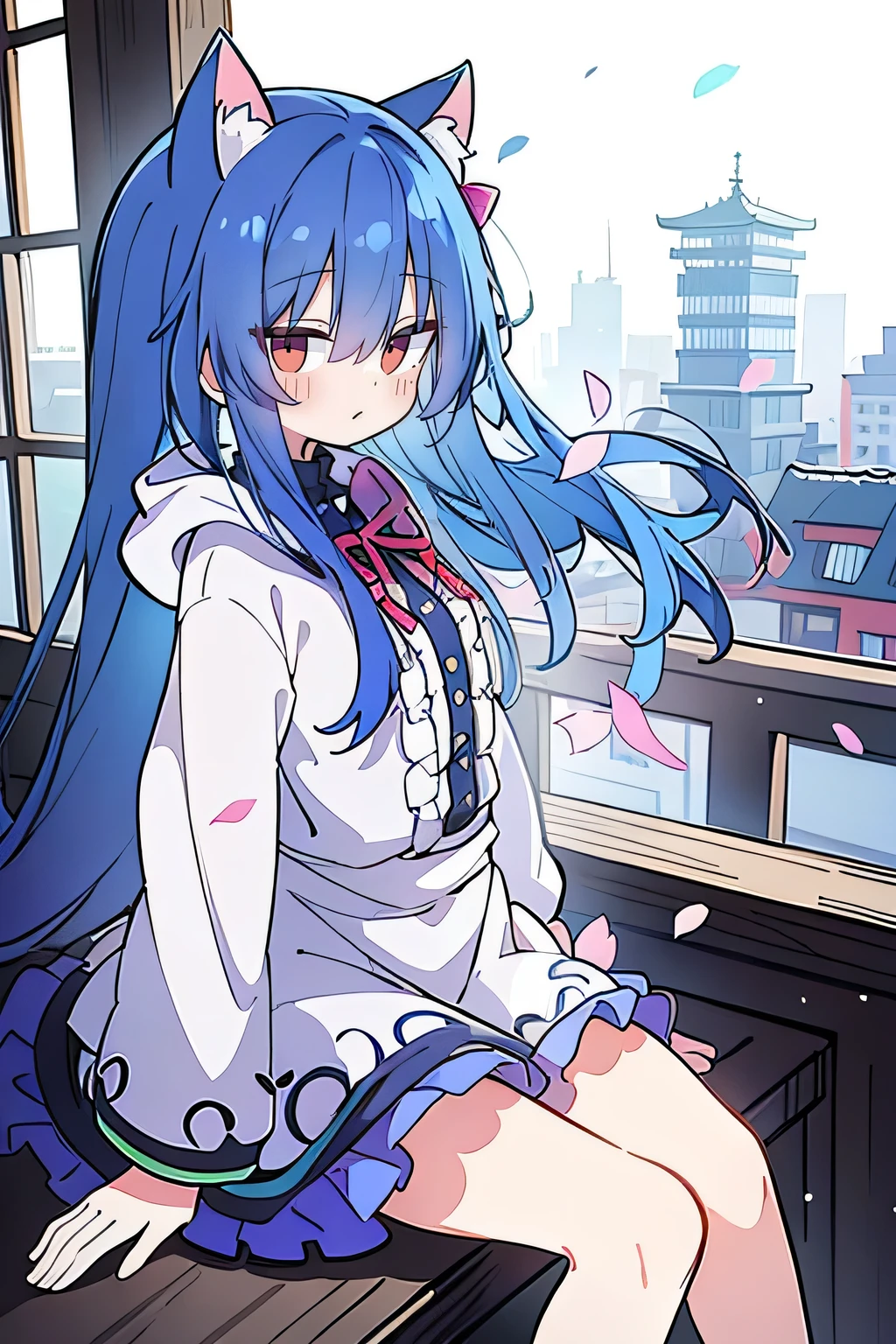 (masterpiece:1.2),Super detailed,lifelike,Expressive eyes,fair skin,perfect face shape,1 girl,
Japanese comics,Gorgeous blue hair,flowing blue hair,flowing clothes,Cat ears,Petals fall,beautiful lola,Baby Angel,
Shaking head with one hand,Cross your legs,Gentle and peaceful background,The pavilion is cool and comfortable,smile, wearing hoodie, background of tokyo,back views,snowing, winter.