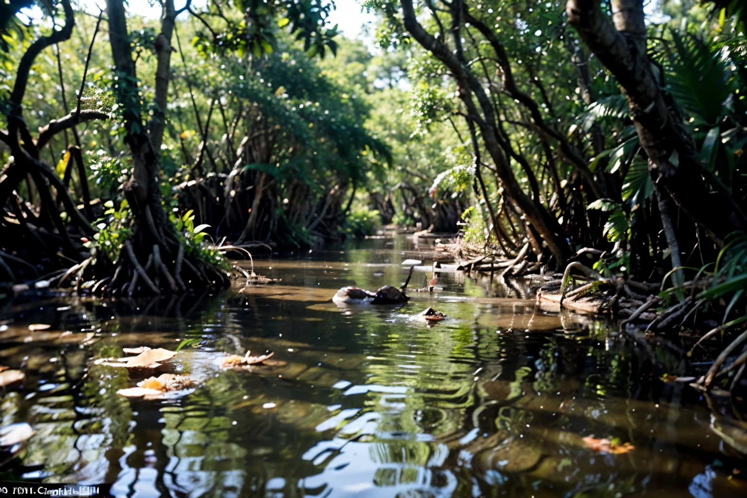 "A mangrove extends into the salt water, creating a unique landscape where sea water mixes with fresh water from rivers. In the dark, organic-rich mud of the mangrove, Microorganisms play a vital role in the decomposition and recycling of nutrients. An image shows a microscopic scene, revelando a vida vibrante e diversificada dos microrganismos que habitam esse ecossistema. Microorganisms are represented in vivid, detailed colors, destacando sua beleza e complexidade. The scene conveys the importance of these small organisms in maintaining the health of the mangrove and the marine ecosystem as a whole.."