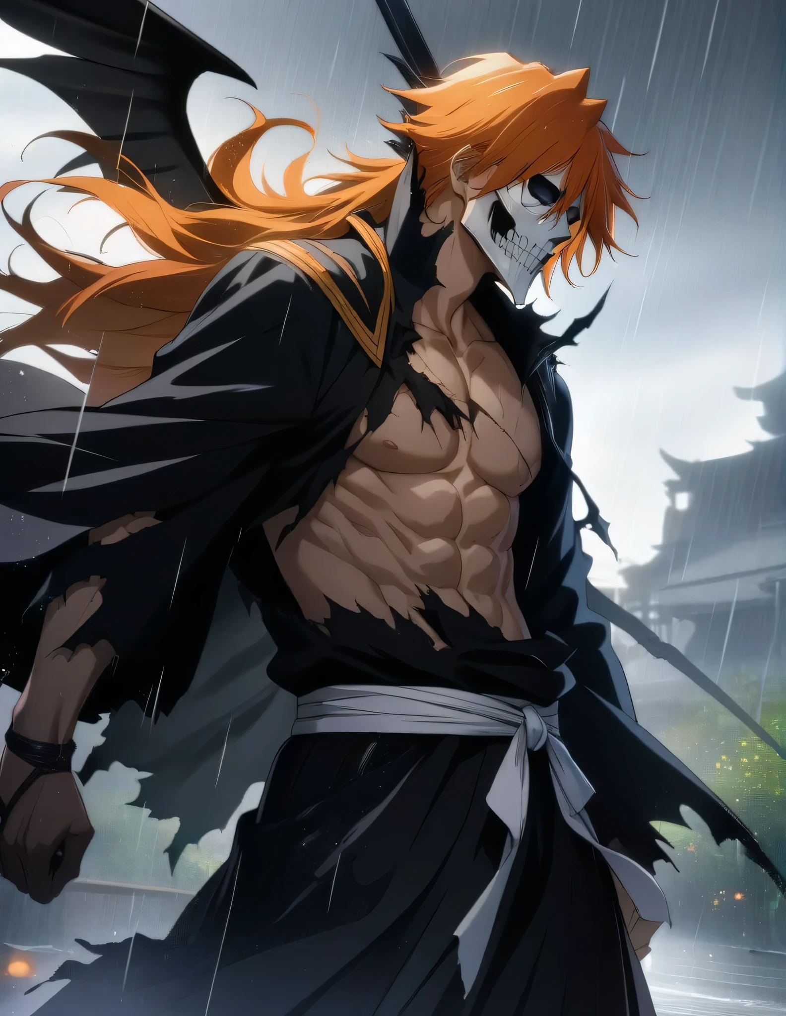1boy, male focus, grim reaper mask, black wings, bleach, orange hair, black hakama, tensa zangetsu (bankai), torn clothes, outdoors, rain, pectoralasterpiece), (best quality), (ultra-detailed), very aesthetic, illustration, disheveled hair, perfect composition, moist skin, intricate details,