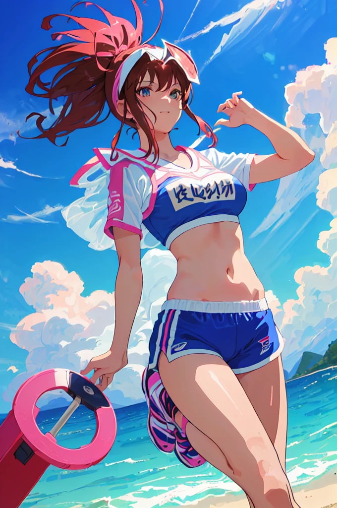 imagined a girl in extreme sport outfit playing to a flying disc game in a beach arena game sport, masterpiece, ultra-detailed, 80's anime (style), 2D, megapixel, perfectionism, full HD , 4K, (windjammers), windjammers sport game, windjammers 2 (((((solo mature anime woman,)))))++++++++++++++++++, looking at viewer, full body, brown hair and pink hair, short hair, weird hair, smile, lips, eyelashes, medium breasts, gym uniform, uniform, gym shorts, headband, sports bra, elbow pad, knee pad, extreme sports outfit 80's theme, beach background, playing flying disc game on a beach court game, sea, sun in the sky, sports wear