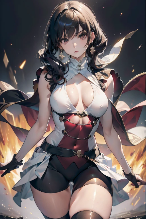 official art, unity 8k wallpaper, Super detailed, masterpiece, highest quality, (very detailed),(Raw photo,highest quality),(realistic,Photoreal:1.3),dynamic angle, fire glow effect, professional lighting, side light, cinematic light, ultra high resolution,best shadow, particles of light, Fine skin texture, detailed face, intricate details, Super detailed, shine,full body, masterpiece, royal background,beautiful face,blurred background,28 year old beautiful girl,shiny skin,thin,nice companion,delicate body、thin legs,beautiful black dress,black gloves, black thighhighs, white panties,sweaty,during the day,((Skirt flips up:1.2)),NSFW,sleeveless,tight clothes,Clothes sticking to the body,((chest expansion)),Extremely short mini skirt,raise one leg, Real World, Natural light,perfect Natural light,looking at viewer,