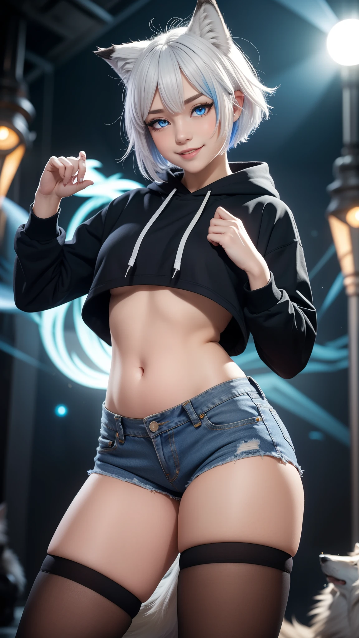 Masterpiece, wide smile, boyish girl with short (white hair), punk hair style, half shaved hair style, (horny face expression), has wolf ears, ((had wolf tail)), wearing denim shorts and a cropped black hoodie, thick thighs, wide hips, wearing thigh high socks, solo, alone, no wolves, showing belly, has glowing blue eyes, flat chest,Comics, fantasia, sfw, onis, dancing, action pose, sensual moving, moving body