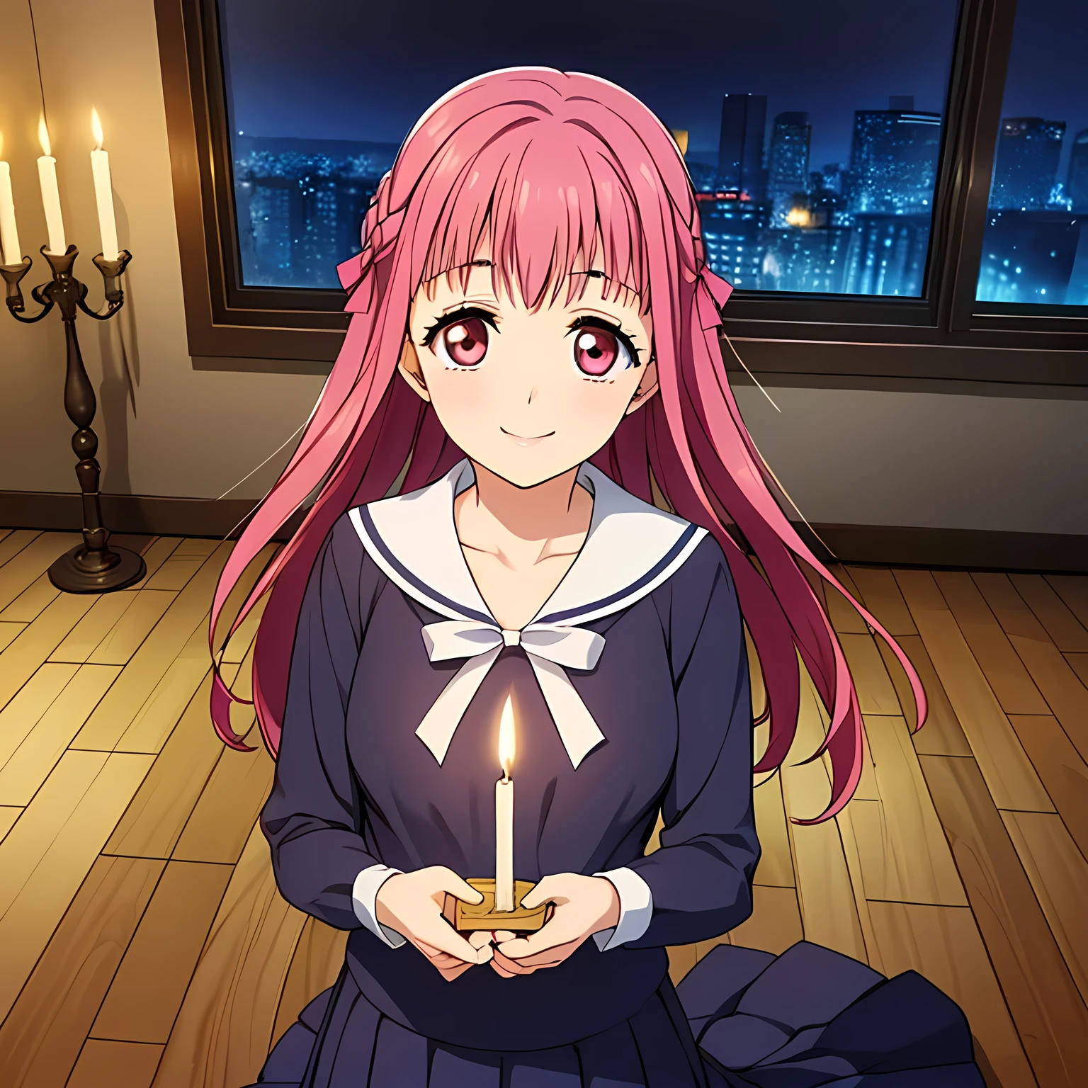 highest quality, (masterpiece:1.2), Very detailed, ((A very beautiful girl is looking at the viewer in a very dark room)), (()), (((Beautiful long, very shiny peach-colored hair))), She has a big yellow ribbon in her hair., ((Navy blue sailor suit)), ((Navy blue pleated long skirt)), ((((Very beautiful and shining deep pink eyes)))), ((Very long eyelashes)), A large crimson ribbon on the chest, ((An elegant expression like a noble princess)), (((A beautiful and enchanting smile))), ((slender)), Very good posture, Shot from above, ((Sabbath)), (((There is a candle in a dark room))), Black Altar, Black Wall, There are several portraits of beautiful black women on display., Magic Circles and Mysteries