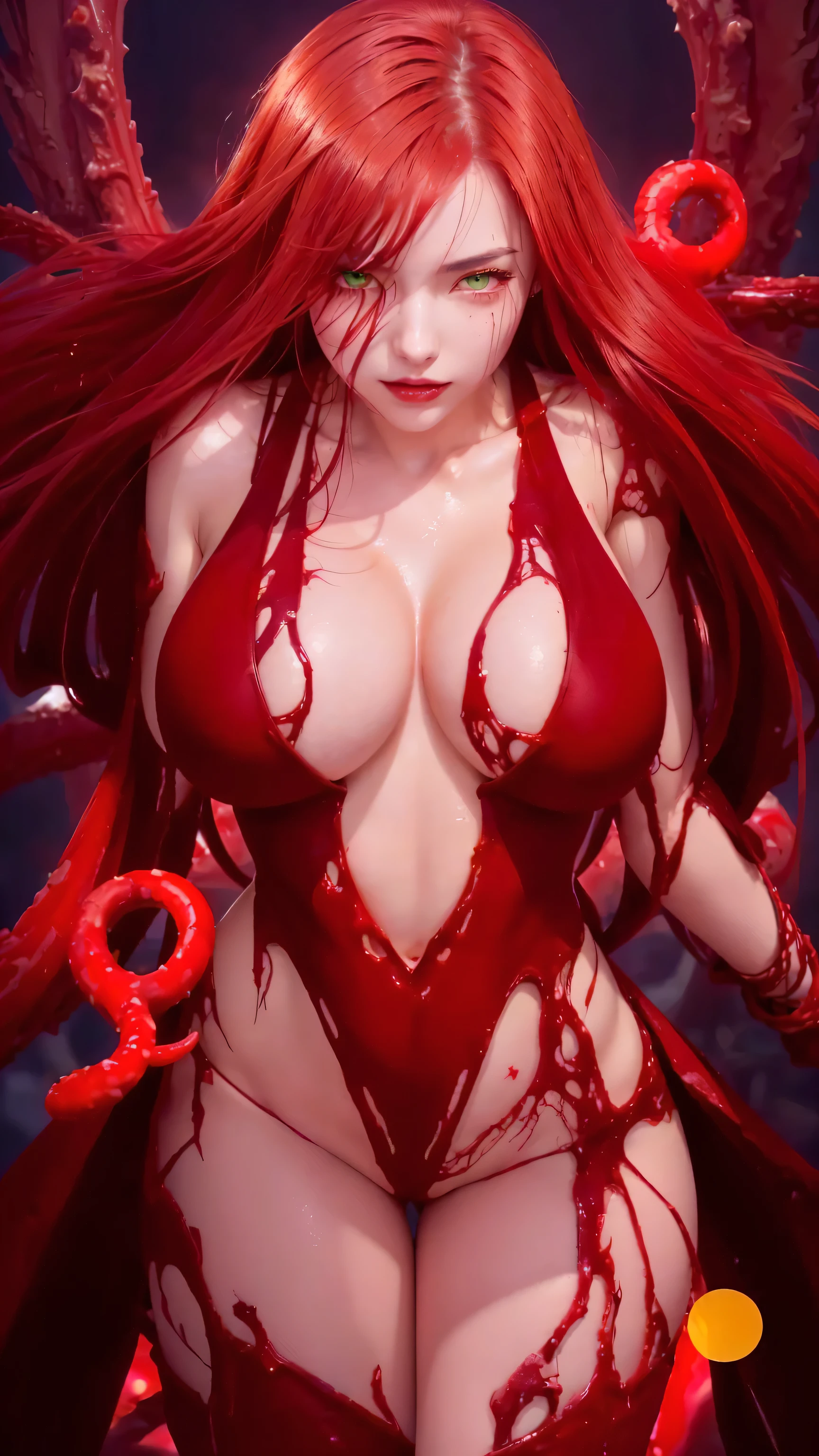 a close up of a woman in a red dress with blood on her body, bikini. background of hell. gore, rias gremory, fine details. tentacles, pale woman covered with blood, biomechanical oppai, covered in red slime, demon girl, erza scarlet as a real person, a very beautiful berserker woman, (Best Quality, 8k, 32k, Masterpiece, UHD:1.hoto of Attractive Japanese Woman, dark green eyes, red head, 1 Girl, (Big Boobs:1.2), Abs, Perfect Body, Ultra Detailed Face, Detailed Lips, Fine Eyes, double eyelids