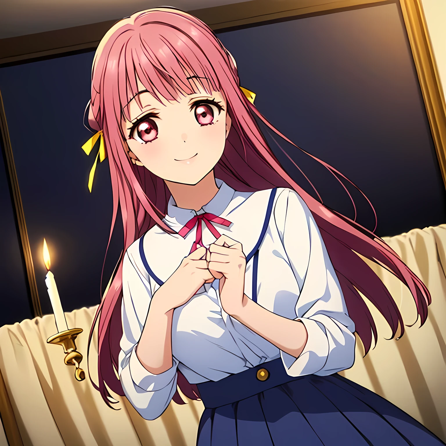 highest quality, (masterpiece:1.2), Very detailed, ((A very beautiful girl is looking at the viewer in a very dark room)), ((16 years old)), (((Beautiful long, very shiny peach-colored hair))), She has a big yellow ribbon in her hair., ((Navy blue sailor suit)), ((Navy blue pleated long skirt)), ((((Very beautiful and shining deep pink eyes)))), ((Very long eyelashes)), A large crimson ribbon on the chest, ((An elegant expression like a noble princess)), (((A beautiful and enchanting smile))), ((slender)), Very good posture, Shot from above, ((Sabbath)), (((There is a candle in a dark room))), Black Altar, Black Wall, There are several portraits of beautiful black women on display., Magic Circles and Mysteries