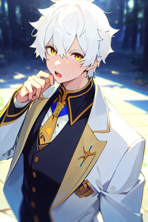 masterpiece, best quality, , 1boy, solo, male focus, looking at viewer, upper body, depth of field, regulus_corneas, white hair, yellow eyes, , formal, necktie, dress shirt