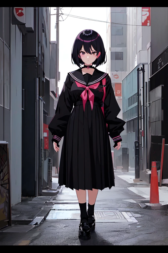 anime character Sukeban delinquent girl standing on a city street corner in black seifuku with black very long skirt, anime style. 8k, anime style mixed with fujifilm, retro anime girl, anime styled digital art, in tokyo, anime style illustration, anime style 4 k, anime style artwork, anime poster film still portrait, tokyo anime scene, modern anime style, anime style digital art, short hair, 26year old