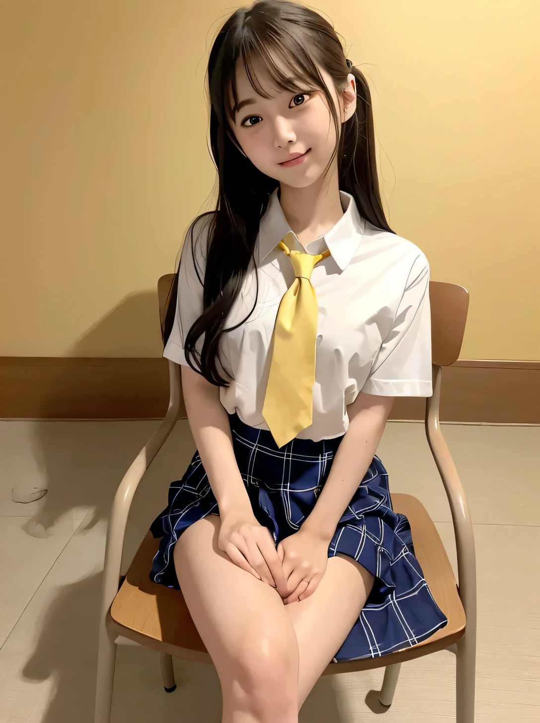 one person、one person、A 17-year-old high school girl posing for a photo、victory、Twin tails、Tsundere、masterpiece、High-level image quality、Sharp focus）、White shirt、Navy blue tie、Navy and red checked mini skirt、cute、Japanese women、18-year-old、sexy、Laughter、(Perfect Anatomy、Delicate and beautiful hands and feet)、Yellow wall,Small breasts、Nogizaka Idol、Slender figure、sexy、Sitting in a chair、Thighs
