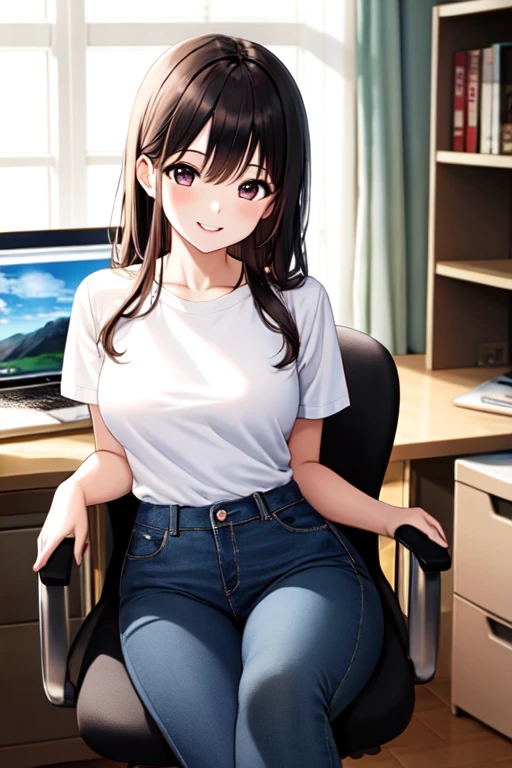 (high resolution、high quality、masterpiece)、1 Girl、T-Shirts、jeans、computer、desk、Chair、smile
