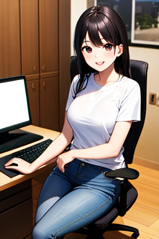 (high resolution、high quality、masterpiece)、1 Girl、T-Shirts、jeans、computer、desk、Chair、smile