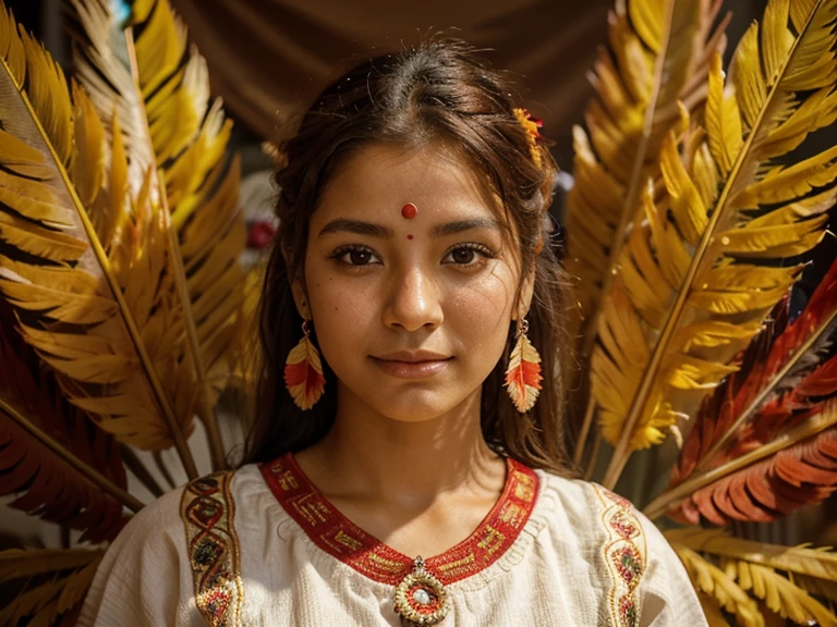 Un Inka joven y hermoso, con una Mascaipaicha roja, with three lacon feathers in it, mirando hacia una flor brillante y hermosa, de color amarillo dorado