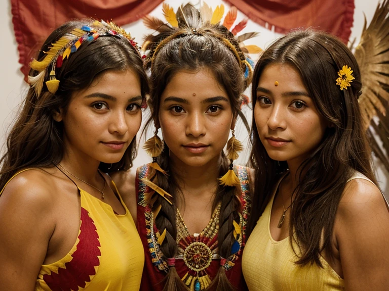 Un Inka joven y hermoso, con una Mascaipaicha roja, with three lacon feathers in it, mirando hacia una flor brillante y hermosa, de color amarillo dorado