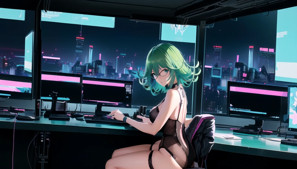 anime girl in lingerie sitting at a desk with a computer, seductive anime girl, modern cyberpunk anime, cyberpunk anime girl, digital cyberpunk anime!!, best anime 4k konachan wallpaper, anime girl with teal hair, digital cyberpunk anime art, tatsumaki from one punch man, female cyberpunk anime girl, anime style 4 k, tatsumaki