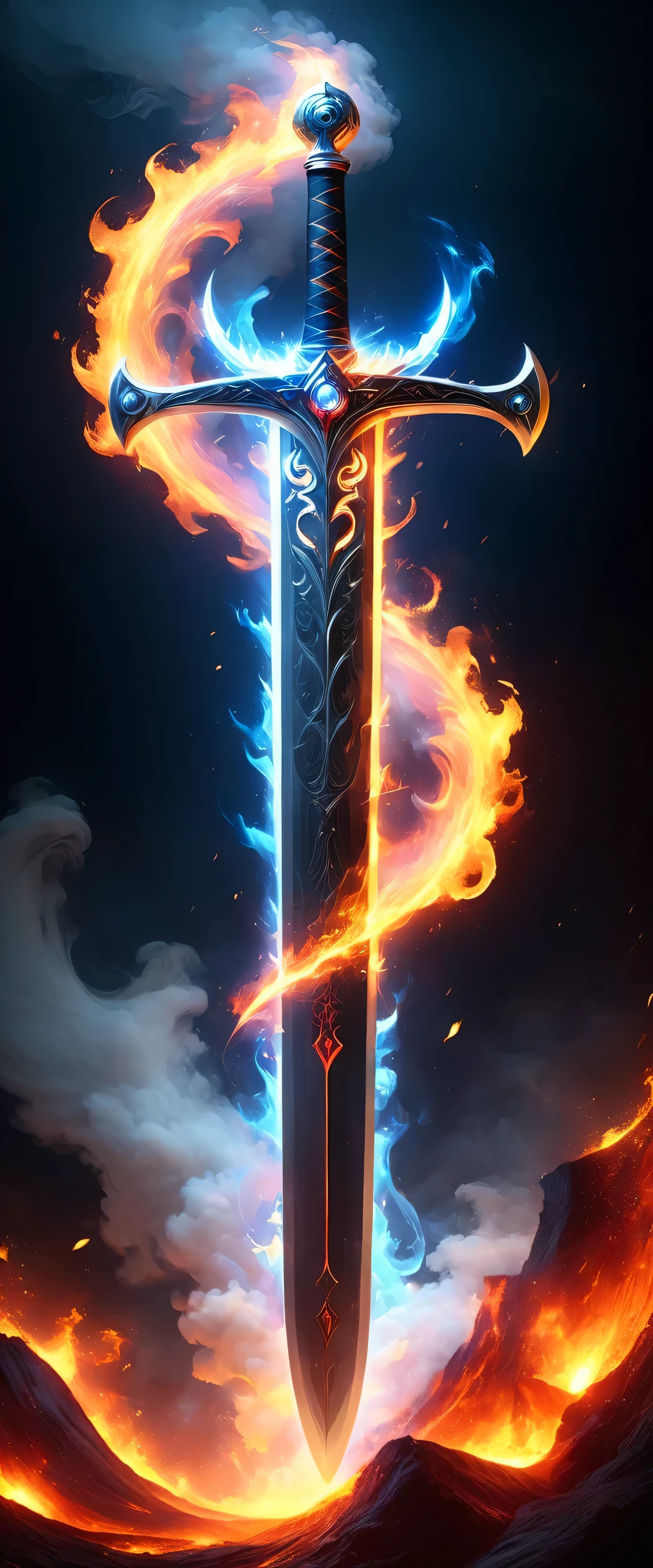 Close-up of a sword,The sword is burning with flames in the air, Flaming Sword, Fantasy Sword, Glowing sword, holding a Flaming Sword, Beautiful sword, Epic Fantasy Weapon Art, Magic Sword, Magic Sword, Sword Design, Fantasy Sword of warrior, fire and ice, wielding a Flaming Sword, Epic fantasy digital art style, fire staff, Glowing sword in hand