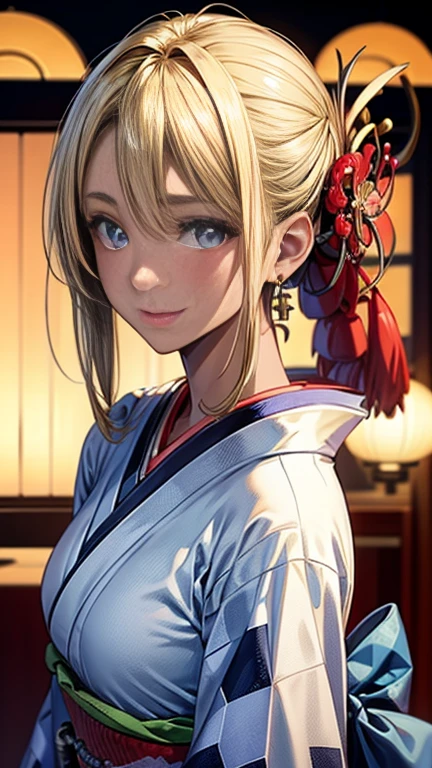 ((highest quality)), ((masterpiece)), (Very detailed), (Very high resolution), ((Realistic)), 8k, Perfect Line Drawing, Beautiful line art,
Anime 2D Rendering, (The best CG), Ultra-detailed art,
One Girl:1.5,
Symmetrical facial features:1.4, Perfect Face, Beautiful clavicle, Beautiful fingers, Beautiful breasts, (Slightly smaller chest),
Beautiful body, Beautiful thighs, Beautiful feet, Perfect round butt, (Detailed skin), (Shiny skin:1.2, Tanned dark skin:1.4),
BREAK Baby Face, cute, 18-year-old,
Double eyelids, Natural eyebrows,
(Expression of fine eyes, Beautiful and delicate eyes, Blue glowing eyes),
Glossy mouth,
Beautiful Hair, Shiny Hair, Hair fluttering, (Blonde, Chignon Hair:1.4),
BREAK
(kimono:1.2、White kimono、Blue geometric pattern kimono:1.4)、Earrings、
BREAK
(Enchanting、Embarrassed expression、Laughing expression), Turn your face and body towards me
