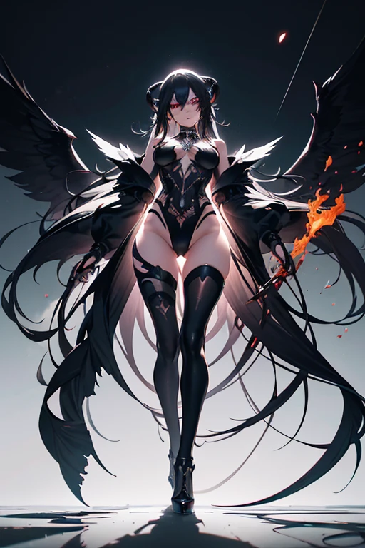 (Obra maestra:1.2), Mejor calidad, (illustration:1.2), (ultra detallado), hiper detalles, (delicado detallado), (detalles intrincados), (cinematic light, Mejor calidad Backlights), Delete line, desde abajo, solista, Cuerpo perfecto, (1 chica), full body view of a fierce, (futuristic cyberpunk) female dark angel, (revolver), (enormous black wings). (long messy hair). tattoos. heels. fiery hellish background. bokeh. red tints., (constituir), alto contraste, (mejor iluminacion, un extremadamente creado y hermoso), (cinematic light), vistoso,