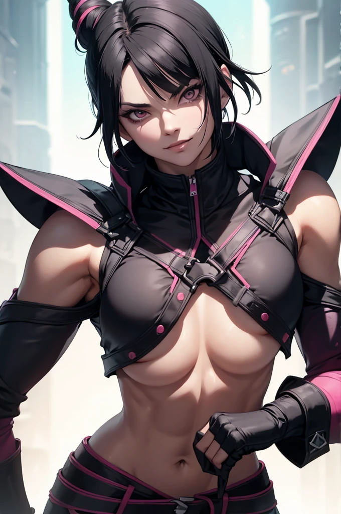 juri han,belo corpo,mulher jovem,short black hair , badass , colan,May,coxas torneadas,Evil Smile,juri han,chifres de cabelo,detalhes do corpo,low yellow lighting,raios de luz belo corpo detalhado