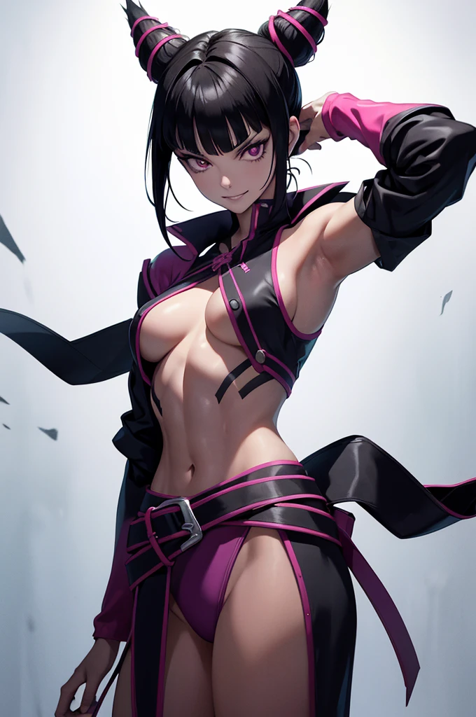 juri han,belo corpo,mulher jovem,short black hair , badass , colan,May,coxas torneadas,Evil Smile,juri han,chifres de cabelo,detalhes do corpo,low yellow lighting,raios de luz belo corpo detalhado