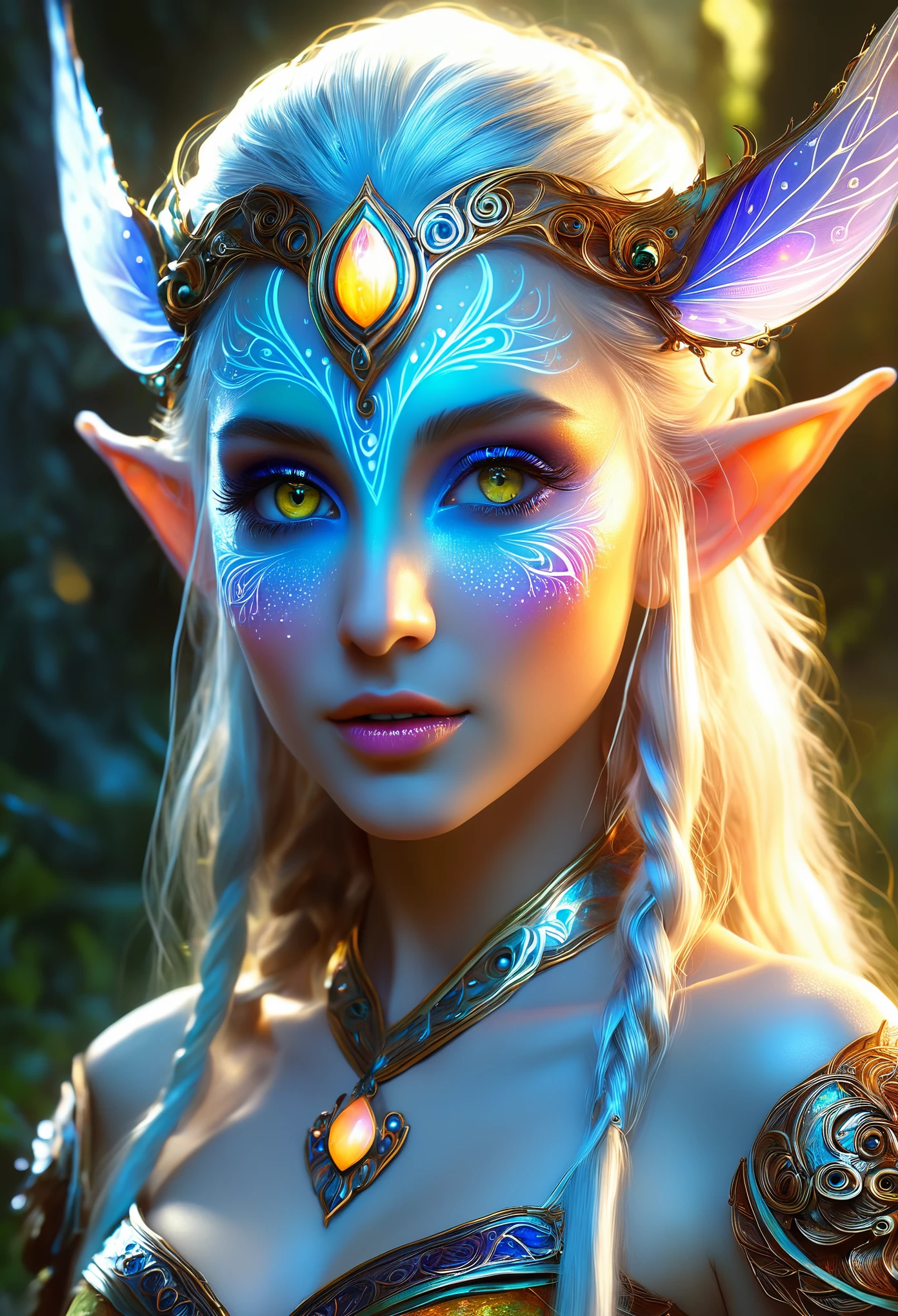 (Best quality, 4k, High-resolution, Masterpiece:1.2), Ultra-detailed, Realistic, Radiant lighting, Epoch Elves, Portraits, Fantastical colors, Fine art, Ethereal beings, Dreamlike, Whimsical creatures, Detailed facial features, Glowing eyes, Elven beauties, Ethereal glow, Mythical creatures, Harmonious composition, Dazzling colors, Stunning visual effects, Otherworldly appearance, Mesmerizing artistry,