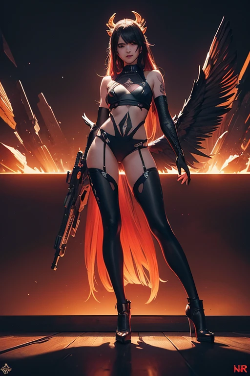 (Obra maestra:1.2), Mejor calidad, (illustration:1.2), (ultra detallado), hiper detalles, (delicado detallado), (detalles intrincados), (cinematic light, Mejor calidad Backlights), Delete line, desde abajo, solista, Cuerpo perfecto, (1 chica), full body view of a fierce, (futuristic cyberpunk) female dark angel, (revolver), (enormous black wings). (long messy hair). tattoos. heels. fiery hellish background. bokeh. red tints., (constituir), alto contraste, (mejor iluminacion, un extremadamente creado y hermoso), (cinematic light), vistoso,