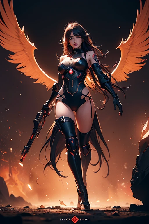 (Obra maestra:1.2), Mejor calidad, (illustration:1.2), (ultra detallado), hiper detalles, (delicado detallado), (detalles intrincados), (cinematic light, Mejor calidad Backlights), Delete line, desde abajo, solista, Cuerpo perfecto, (1 chica), full body view of a fierce, (futuristic cyberpunk) female dark angel, (revolver), (enormous black wings). (long messy hair). tattoos. heels. fiery hellish background. bokeh. red tints., (constituir), alto contraste, (mejor iluminacion, un extremadamente creado y hermoso), (cinematic light), vistoso,