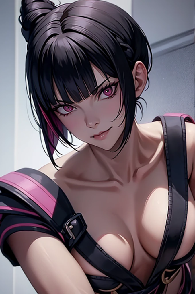 juri han,belo corpo,mulher jovem,short black hair , badass , colan,May,coxas torneadas,Evil Smile,juri han,chifres de cabelo,detalhes do corpo,low yellow lighting,raios de luz belo corpo detalhado