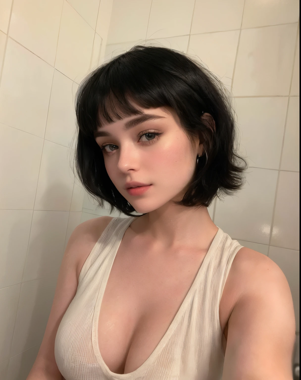 arafed woman in a white tank top taking a selfie in a bathroom, with short hair with bangs, with short hair, french bob, french bob hair, yelena belova, portrait sophie mudd, she has black hair with bangs, anastasia ovchinnikova, whitebangsblackhair, with bangs, short black hair with bangs