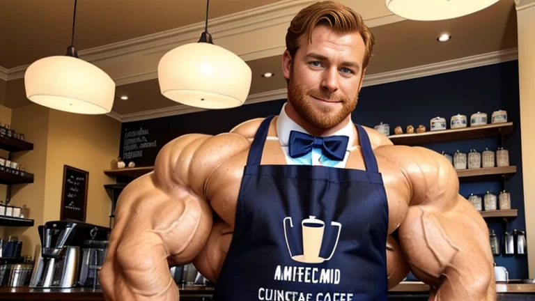 (1boy), (soft smile), tan skin, barista in a french cafe, wearing a bow tie and black apron, daylight, drinking a cup of coffee, (muscular:1.5), ginger, (defined muscles:1.5), (beautiful:1.5), (handsome:1.4), (gorgeous:1.3), ginger, flexed chest, black apron, Armie Hammer with radiant blue eyes