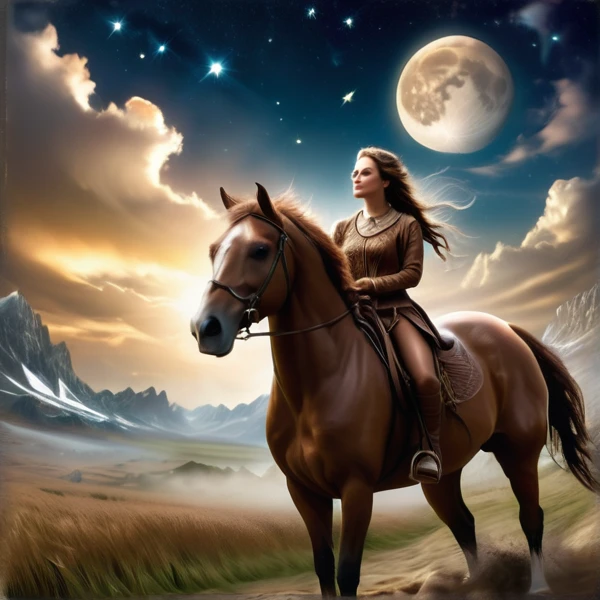 Un prado con la luna creciente, una mujer, cabello lleno de trenzas, guerrera, 3D, magic, riding a brown horse 
