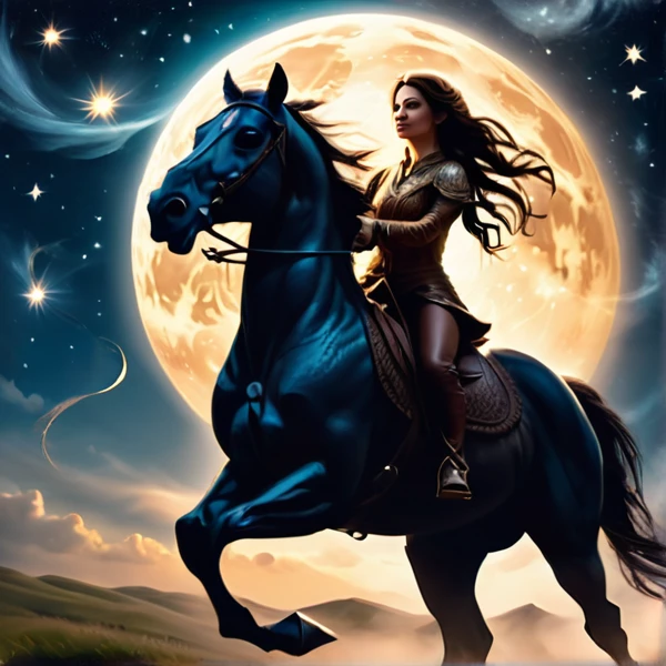 Un prado con la luna creciente, una mujer, cabello lleno de trenzas, guerrera, 3D, magic, riding a brown horse 