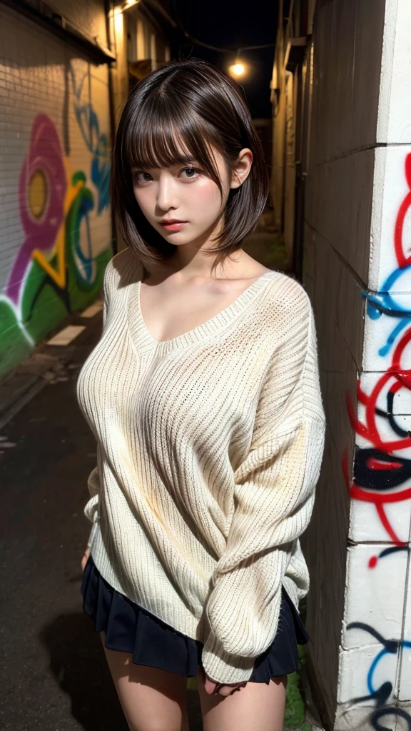 muster piece, best quality, illustration, Super detailed, fine details, High resolution, 8K,wall paper, perfect dynamic composition,(Details High quality, realistic depiction of eyes:1.3), (Japanese teenage girl standing in a dirty back alley at night, graffitied wall:1.1), ((white hand-knitted long sweater, v-neck sweater, oversized clothes)), short bob hair, black hair color, Big Natural Color Lip, seductive face, provocative look, crying a little、cold gaze, Harajuku style、(graffiti), night time, 20 year old girl、cute type、lolita, Gravure Idol, full body photo、focus on crotch, (huge breasts)