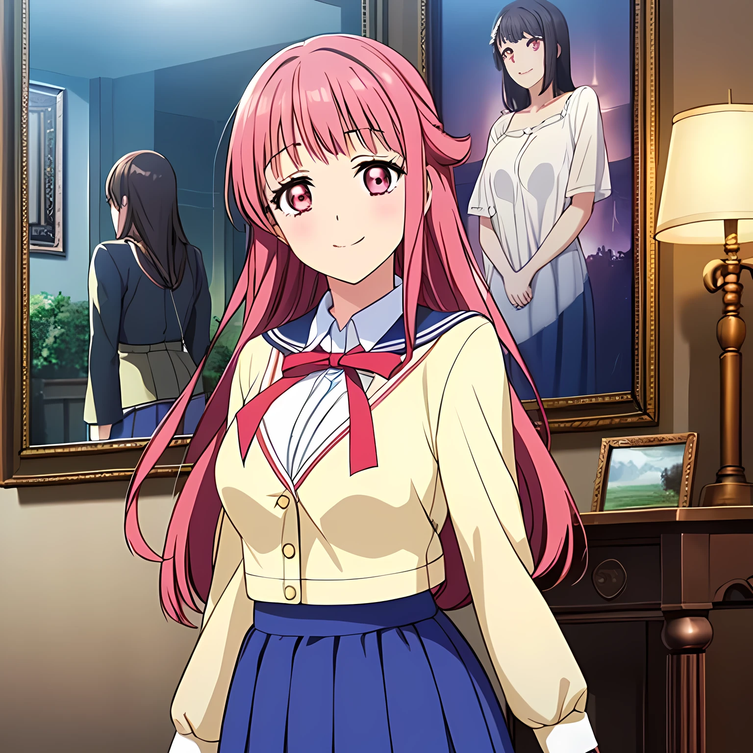 highest quality, (masterpiece:1.2), Very detailed, ((A very beautiful girl casts a spell on the viewer in a very pitch-dark room)), ((16 years old)), (((Beautiful long, very shiny peach-colored hair))), She has a big yellow ribbon in her hair., ((Navy blue sailor suit)), ((Navy blue pleated long skirt)), ((((Very beautiful and shining deep pink eyes)))), ((Very long eyelashes)), A large crimson ribbon on the chest, ((An elegant expression like a noble princess)), (((A beautiful and enchanting smile))), Very good posture,  ((Mysteries of the Sabbath)), (((Pitch-dark room))), Black Altar, Black Wall, There are several portraits of beautiful black women on display., (((Magic Circles and Mysteries)))