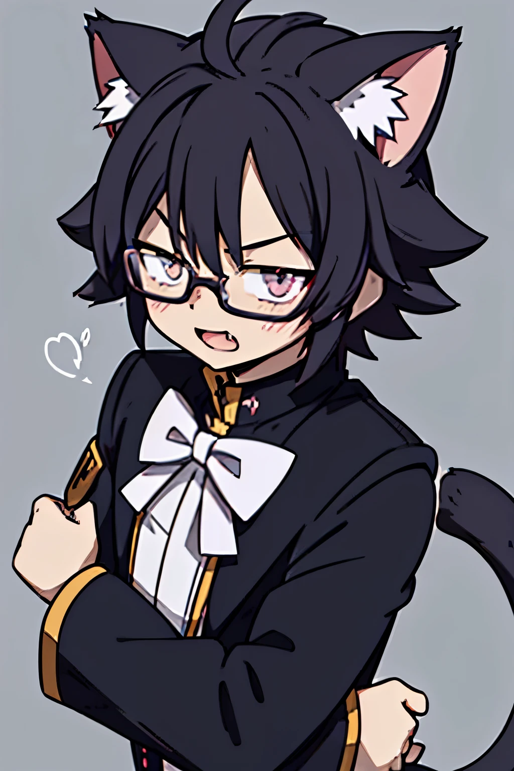 1 boy, male, smug face, cat ears, cat tail, cat outift, Ren Amamiya, glasses, smug pose, (masterpiece), best quality, expressive eyes, perfect face, smug, open mouth, Full Color, Detail, 8K, 4K, High Resolution, Symmetrical, Extraordinary, Best Aesthetics, black clothes