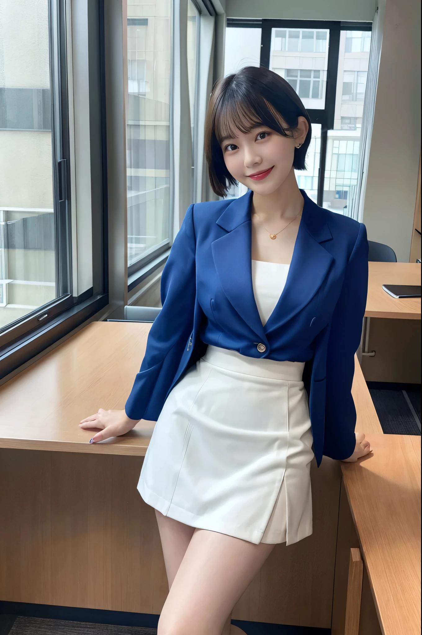 Very short hair、noon、window、Office chair、Meeting room background、Blue jacket、White blouse、Short skirt、beauty secretary、(Very large breasts、Very thin and long legs、Perfect figure、High heels、whole body、Big smile)、1 female、No makeup、17 years old、(masterpiece、8K,RAW Photos、High resolution:1.4)