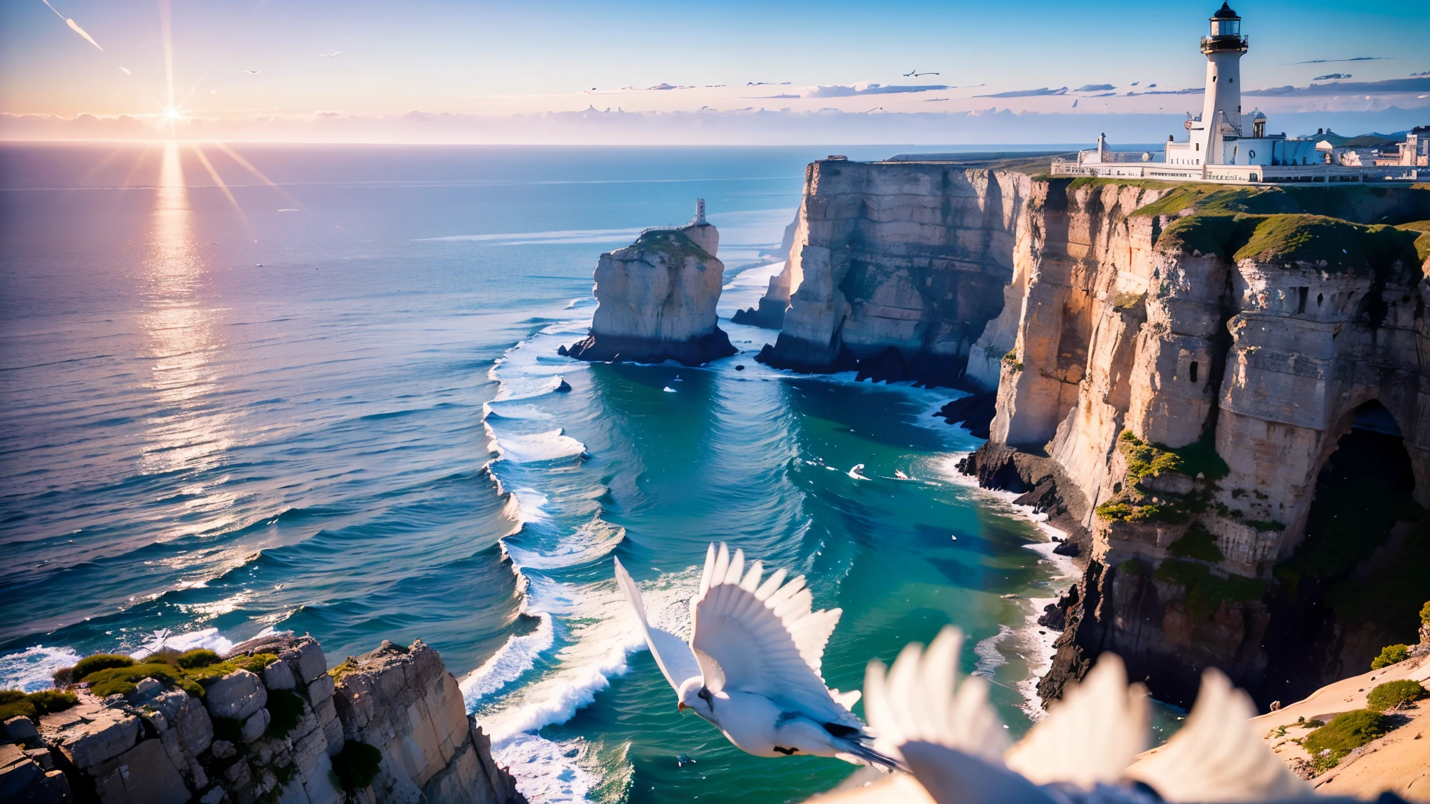 8ｋ,Fine details, photo rial,photograph画質、プロの風景photograph、Professional Lighting、photograph、fujifilm color、Angle of view: 80mm、Large file size, Highly detailed CG Unity 8k wallpaper, High cliffs and splashing ocean、Big white lighthouse、Seagulls are flying、Morning sunshine