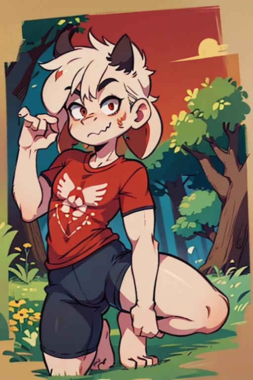 furry, anime, portrait, humanoid hands, male red panda, looking at viewer, forest, cartoony, detailed background, simple red tshirt, black short shorts, big bulge in pants, barefoot