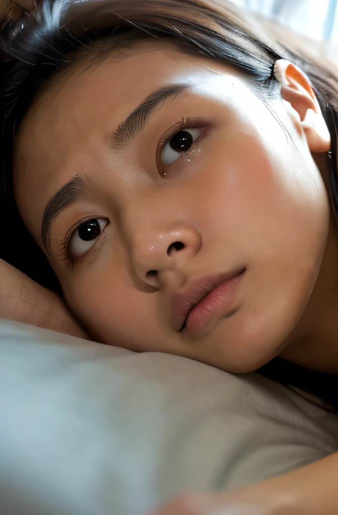 Asian,(Brown race),1 Girl,(Lying on the bed, close-up of face from above)、(Get angry)、(cry)、(Glare)、(Photorealistic)、Dirt、(Dark Room)、Concrete wall、(Sweaty skin)、Open your mouth 10 years old