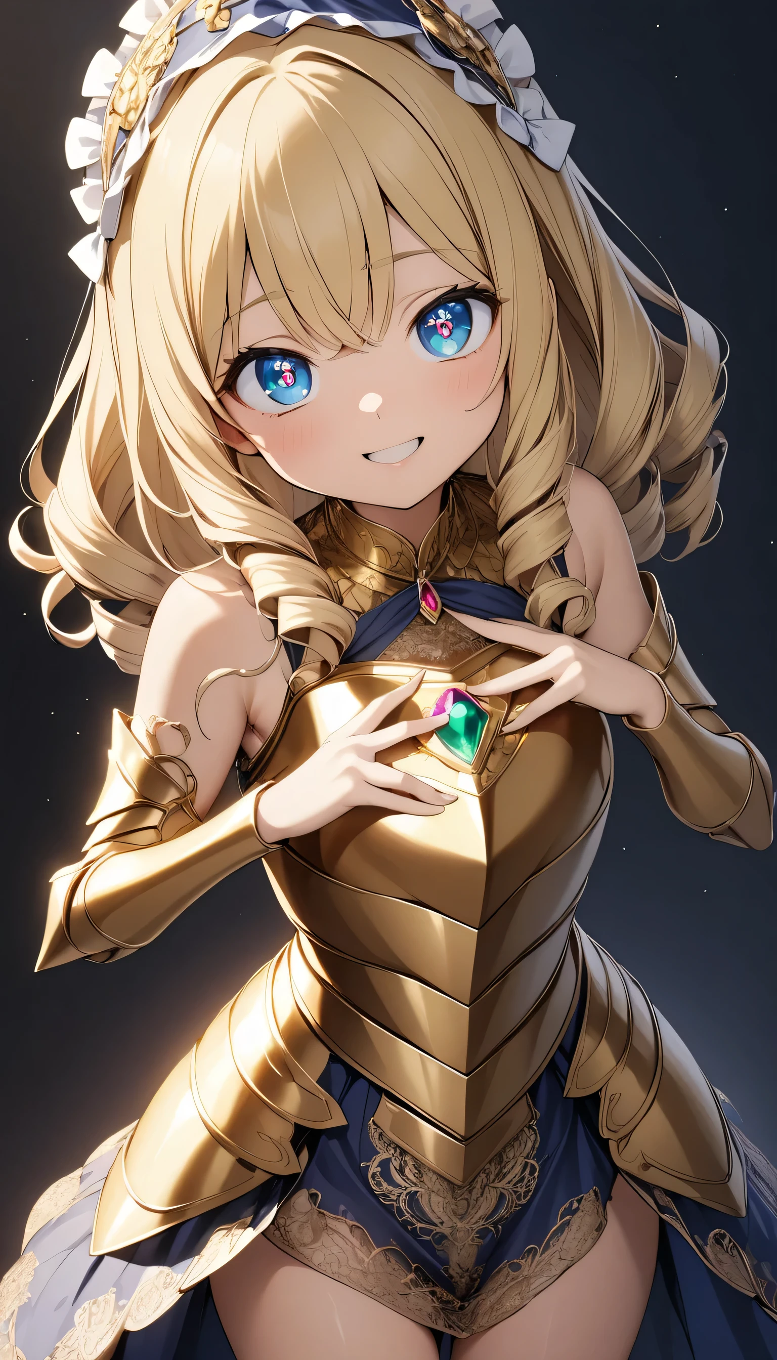 masterpiece, best quality, extremely detailed, high resolution, Japanese anime,1girl, blonde hair, (medium length hair:1.4), side braid hair, curly hair, wavy hair, drill hair, curl outward hair, (blue eyes:1.5), (beautiful detailed eyes:1.4), laugh, 12 -year-old , 145cm tall, original character, fantasy, (black background:1.2), full body, beautiful fingers, standing, (gold lace armor dress:1.5), (bejeweled headdress:1.5) , shoot from front, looking at viewer <lora:hairdetailer:1> <lora:eyecolle_rindou_v100:1>,,,,