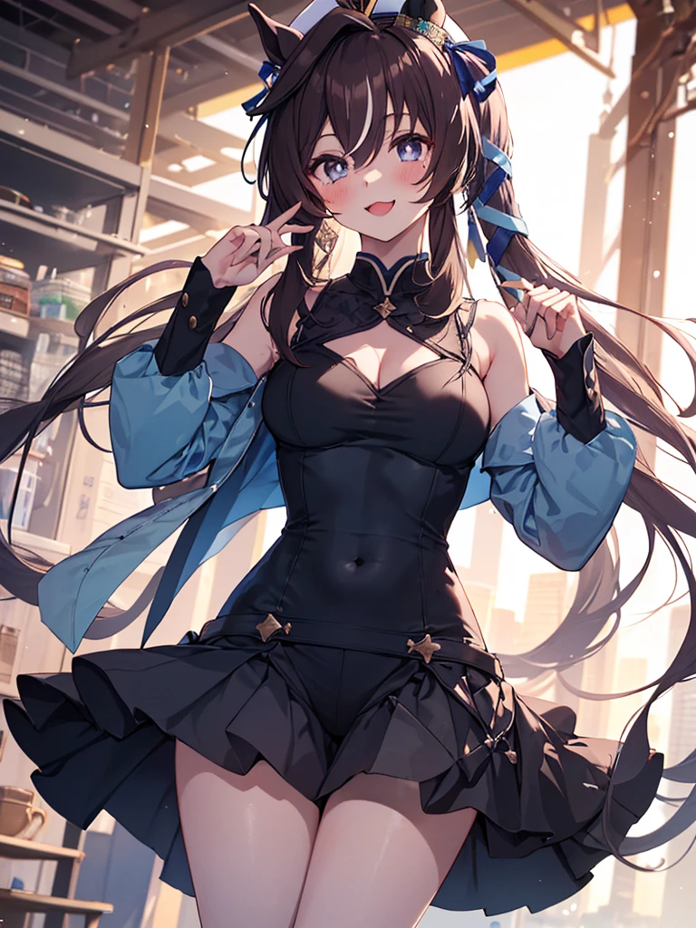 masterpiece, best quality, highres, 1girl, gradient hair, jewelry, earrings, piercing, glossy lips, lips parted, blush, iidol dress, miniskirt, flared skirt, thigh highs, cleavage, kitagawa marin, aichan, looking at viewer, short curly hair, twintails, sexy, sexy pose, horny mood, visible panties