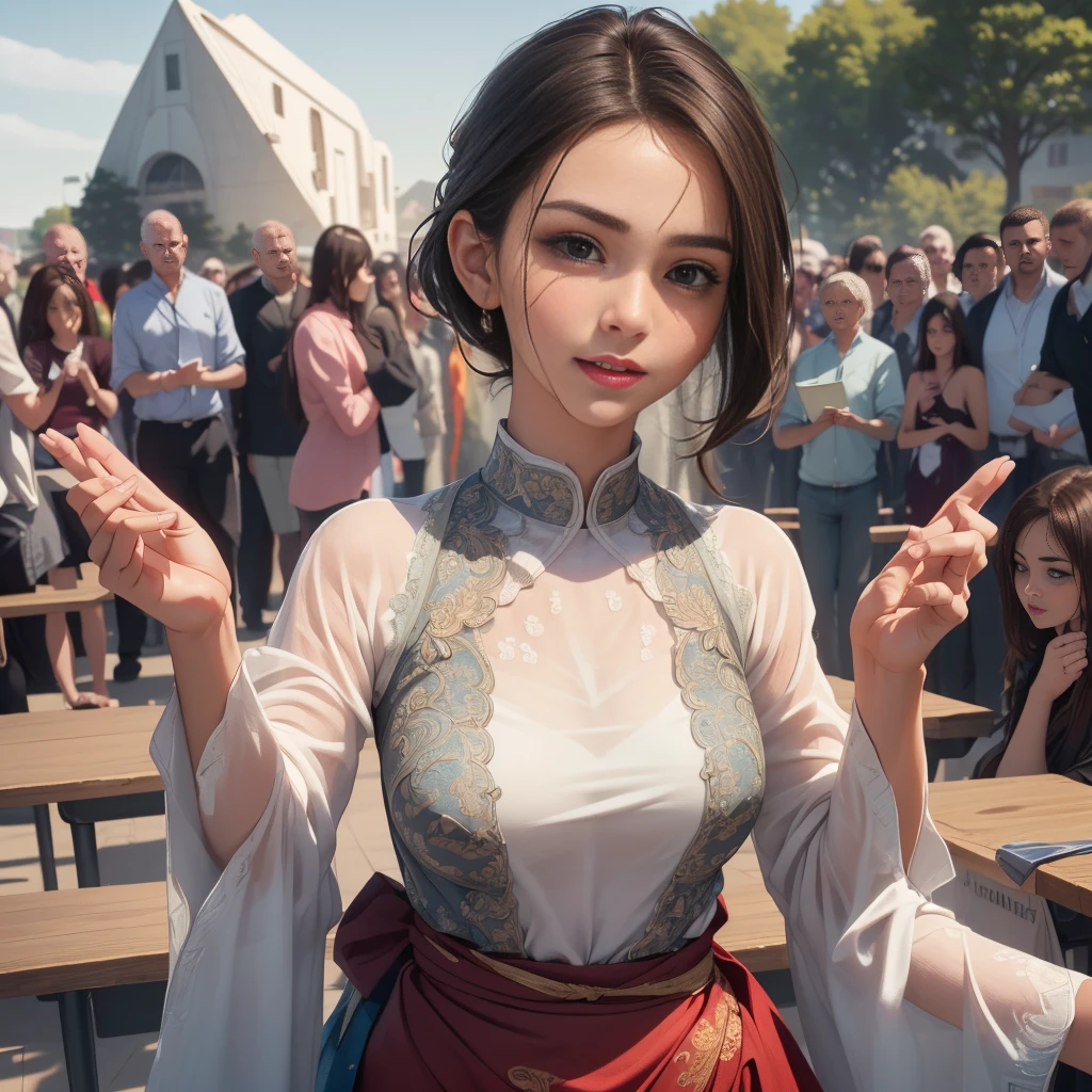 (Extremely detailed 8k wallpaper:2), (photo:2), (soigne beautiful girl:2), (Give lectures to friends:2), detailed (Face and eyes), (Surrealism:1), (highly detailed:1), (epic realistic:1), Rim Light, (Maximum details:1), Comfort, (whole body:1.3), (Looking at the audience:2), (Woman's attractive Qualities:2), (attractive Woman:2), (attractive:2), Smile, intelligence, Empathy, beautiful, sense of style, healthy, Beauty, optimism, (Sensitivity:2), sincerity, Romantic gesture, play, Fashion sense, (:2), charm, modesty, considerate, (Femininity:1), frivolous, warmth, (physical attractiveness:2), A beautiful smile, A like of life, Power and strength, Vulnerabilities, curiosity, Want to know, like, (Natural background:2), Kawaii, Deadly, Beautiful breasts, (Seductive figure:2), (Beautiful Body:2), beautiful的姿势, Charming pose, (Beautiful legs:1.0), (beautiful clothes:1), (apparel:2), (Elegant clothes:2), (European Clothing:2), detailed clothes, (skirt:1), (Women&#39;s shirts:1), (Provocative pose)