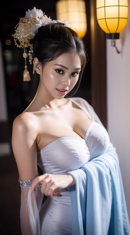 Fashion model 20 years old [[[[closeup cleavage]]]], [[[[boobgasm]]]], [[[[coll]]]], [[[[bshoulders]]]], perfect  eyes, Perfect iris，Perfect lips，perfect teeth，Perfect skin，Long face，Soft front light，hdr，Movie girl，Casual，nighttime scene，lanterns，themoon，The background is indoors，（pastel colour：1.2）