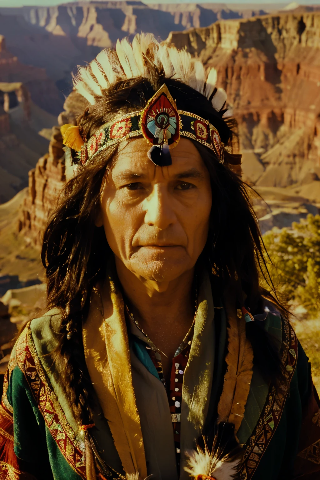 Professional portrait of an old Indian chief looking out over the Grand Canyon, he has on a magnificent headdress of a traditional Apache chief