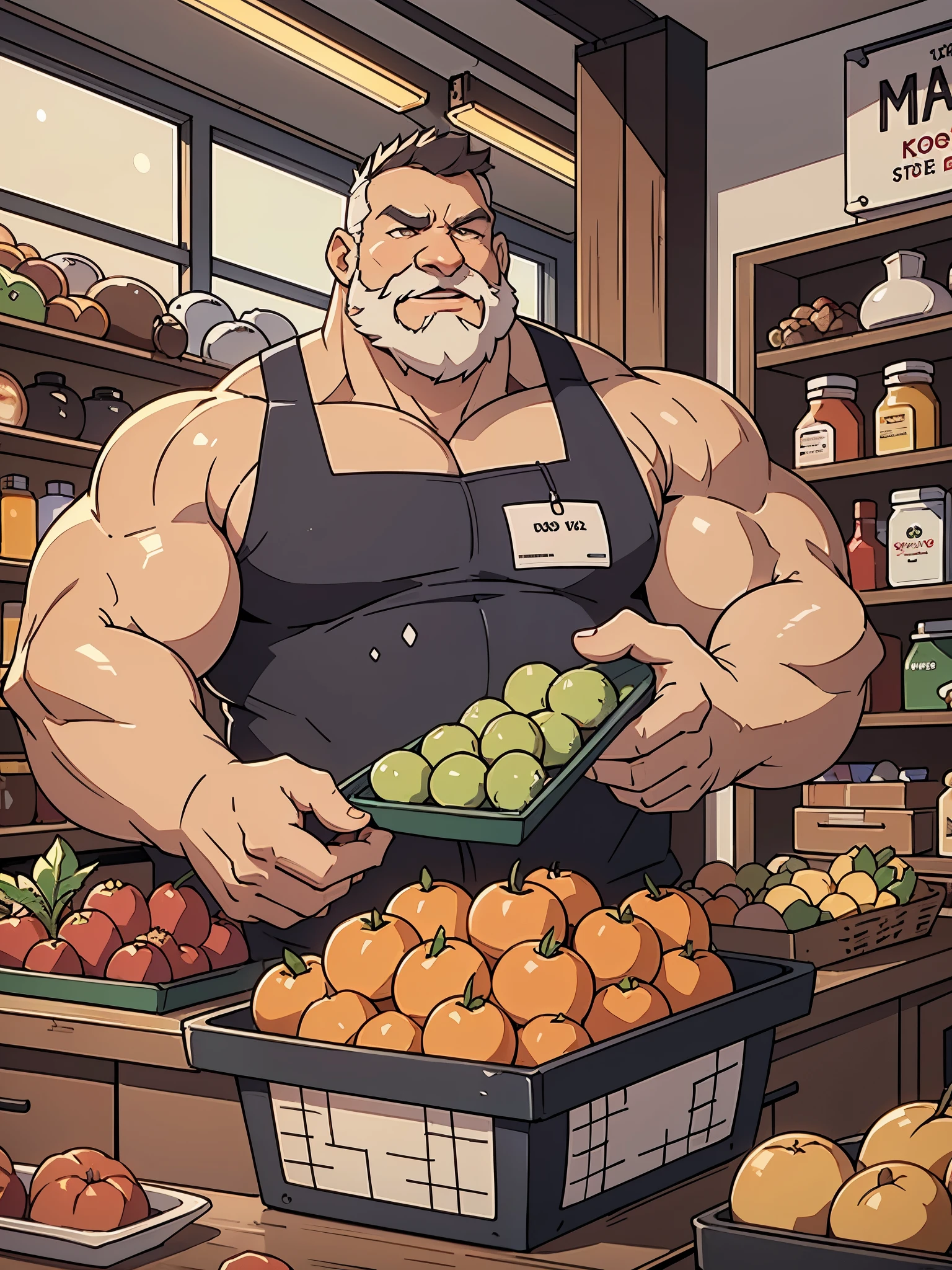 (best quality,4k,8k,highres,masterpiece:1.2),ultra-detailed,(realistic,photorealistic,photo-realistic:1.37),huge muscular old man working as cashier,old,white beard,short hair,detailed wrinkled skin,imposing presence,strong arms,serious expression,friendly smile,professional attire,brightly lit store,modern cash register,shelves full of products,colorful packaging lines the walls,crisp and clean uniform,well-maintained counter,organized display of fruits and vegetables,customers waiting in line patiently,he assists them with efficiency and kindness,well-stocked shelves with a variety of products,neatly arranged shopping baskets and carts,large windows showcase a bustling street outside,vivid colors,pop art style,soft warm color tone,ample natural light,clean and bright environment