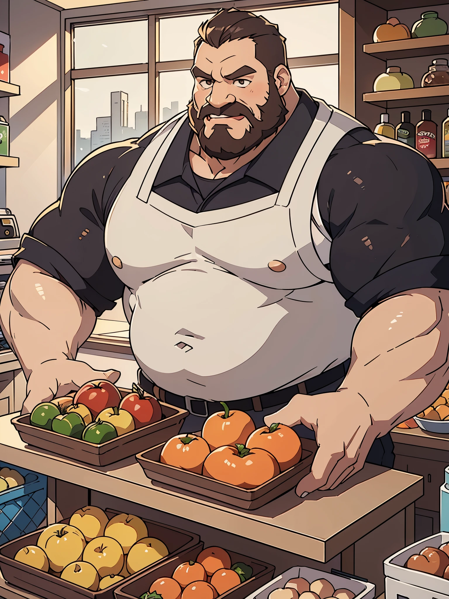  traditional market, side view, extremely huge muscular, massive muscular, full-body, well-muscled old man, sitting on box, shirts. ((extremely muscle size, super thick arms, huge back, extremely wide back and shoulder , huge arms)).  and add details to make it attractive and interesting. Add textures and details to make the image more realistic, such as the appearance of the shirt texture and the appearance of the skin. Make sure the resulting image is high resolution, 8K quality."