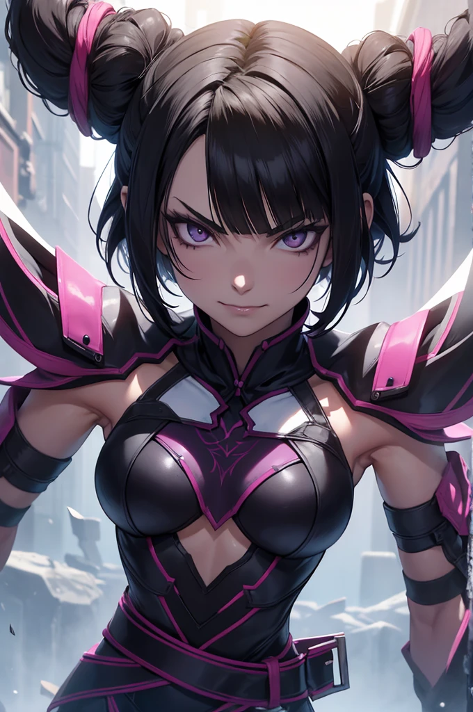 raios de luz,juri han,belo corpo,mulher jovem,short black hair , badass , colan,May,coxas torneadas,Evil Smile,juri han,chifres de cabelo,detalhes do corpo,low yellow lighting,raios de luz belo corpo detalhado